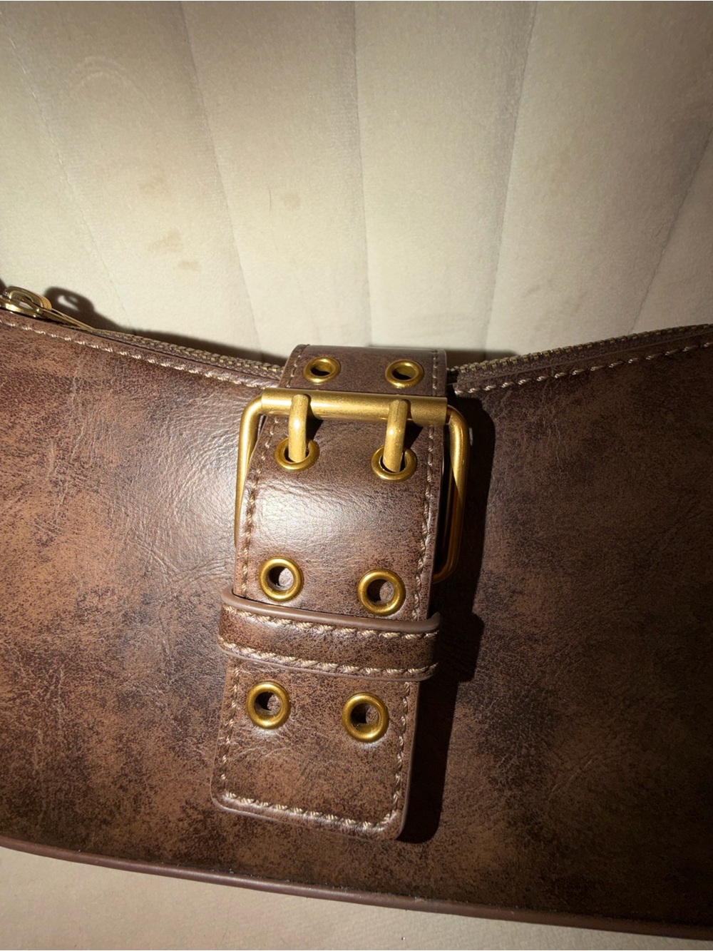 Brandy Melville Brown Faux Leather Shoulder Bag with Gold Buckle - Picture 2 of 5